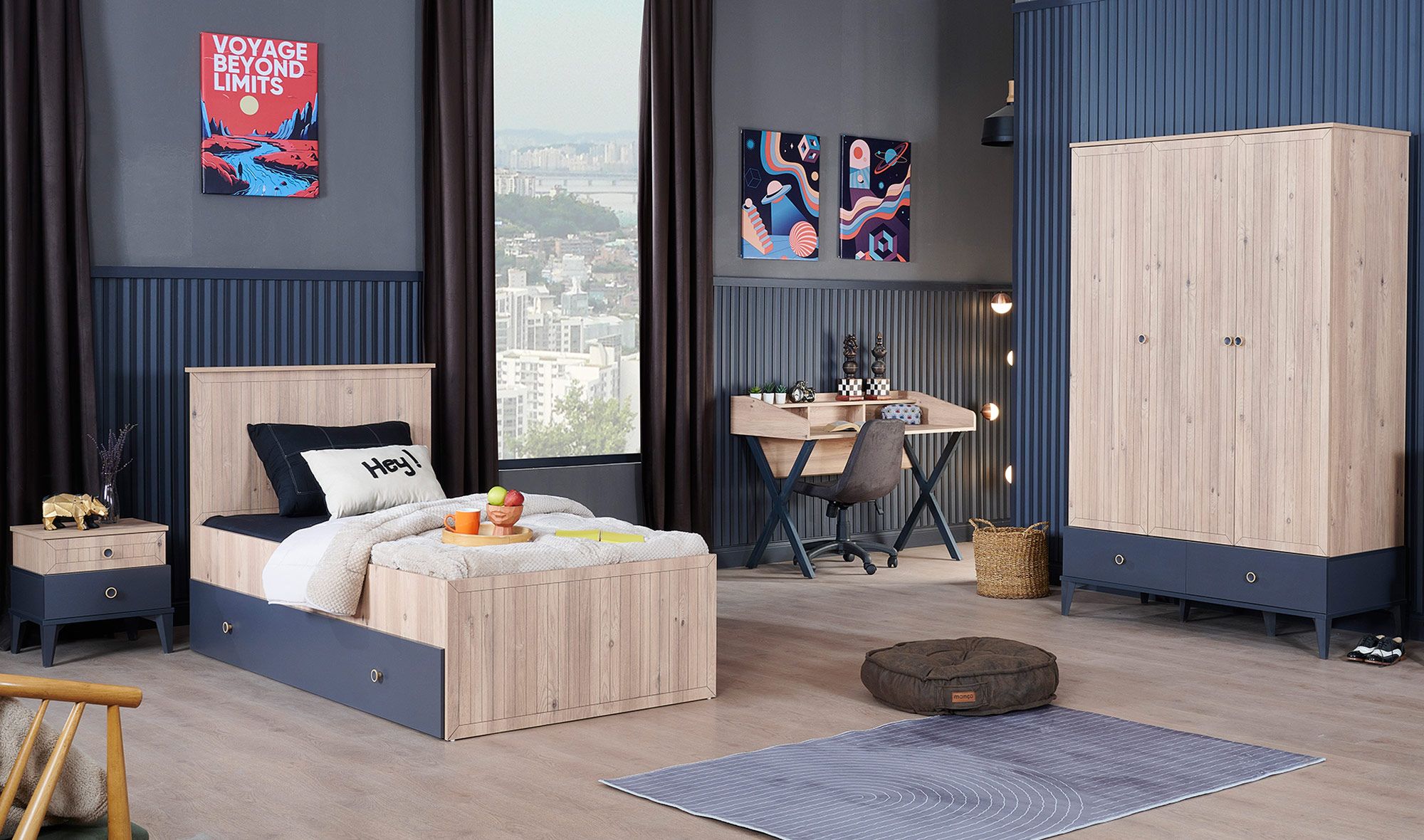 Picture of FBCB005 - Children's bedroom set 6 pieces - wooden and navy blue